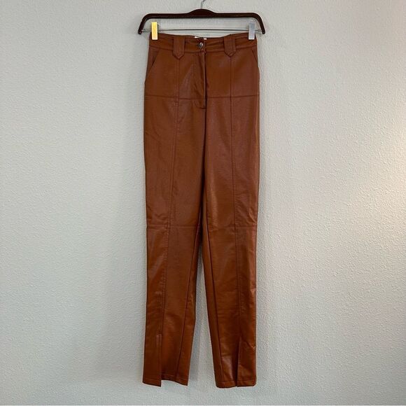 Princess Polly Faux Leather Split Hem High Rise Straight Leg Pant 384 - Picture 1 of 6